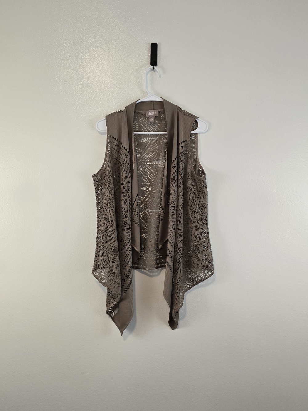 Chico's Taupe Boho Open Front Tunic Vest With Draped Hankerchief Hem